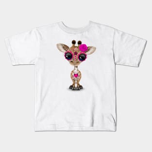 Pink Day of the Dead Sugar Skull Baby Giraffe Kids T-Shirt